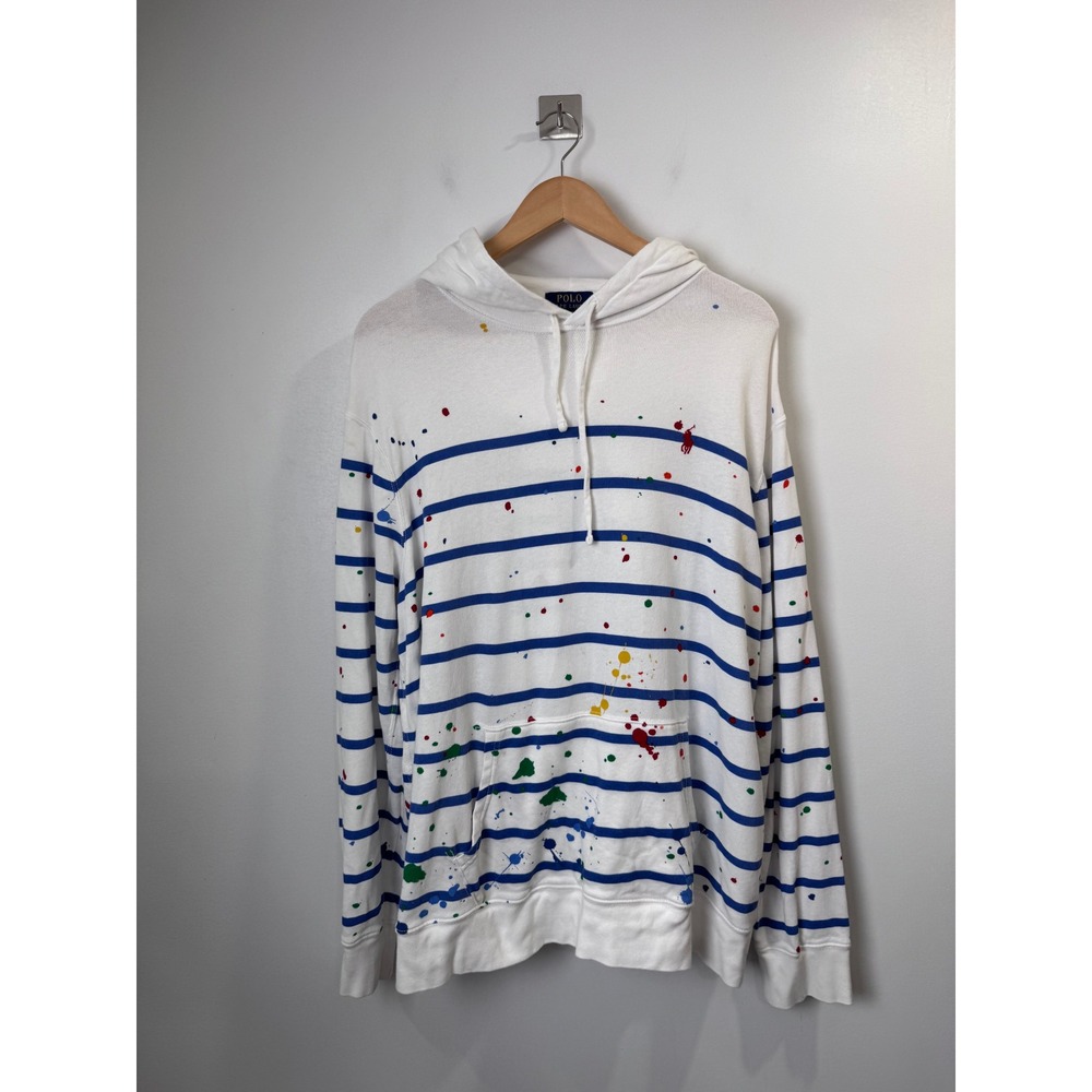 Polo Ralph Lauren Men White Striped Paint Splatter Hoodie XL